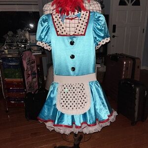 Vintage-Inspired Blue Satin Polka Dot Costume Dress with Apron